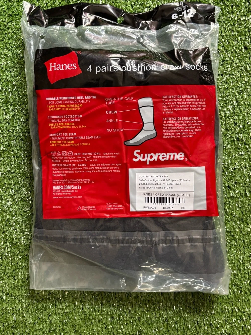 Hanes Black Cushion Crew Socks with Red Branding - 4 Pack